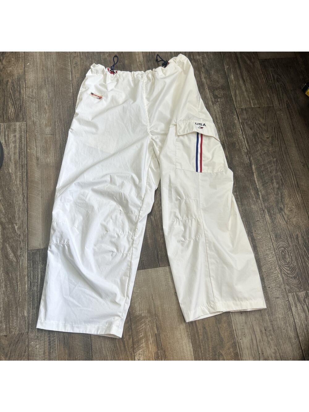 Tommy Hilfiger Mens L Track Pants Sports White Red Track Pants Baggy Activewear